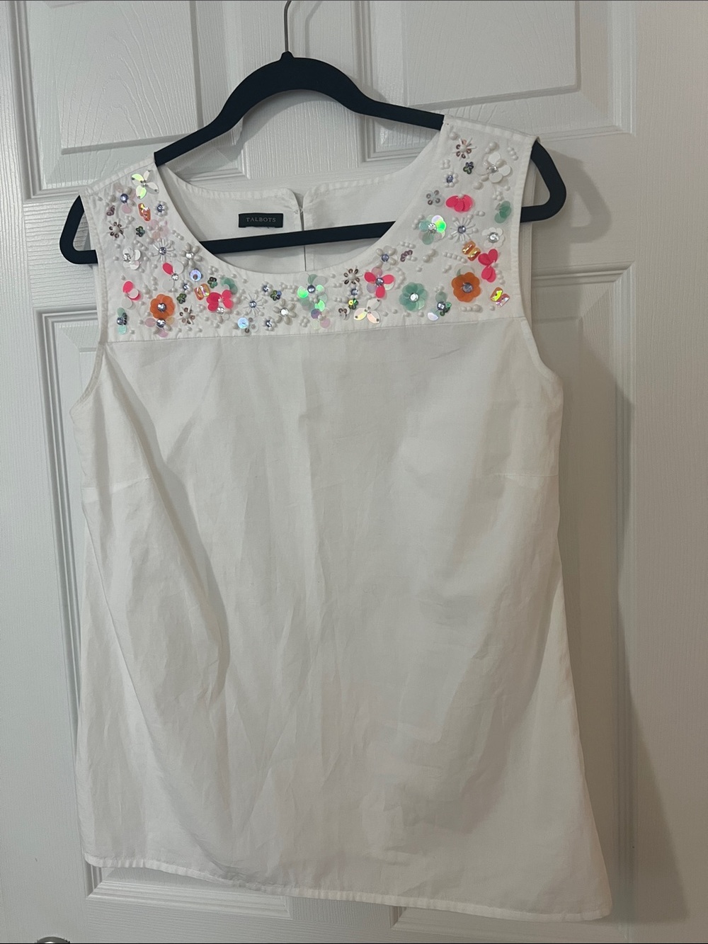 Talbots White Sleeveless Top with Sequin Floral Yoke